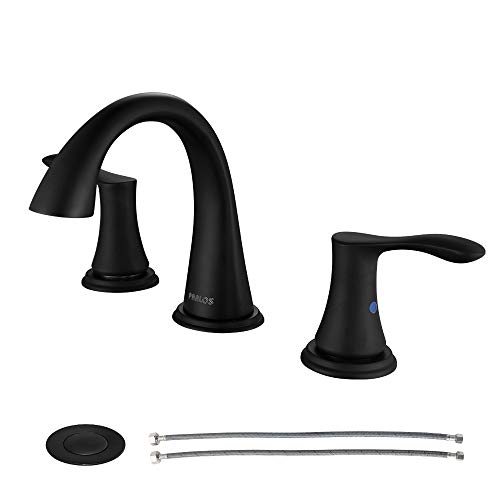 Book Cover PARLOS Widespread 2 Handles Bathroom Faucet with Pop Up Sink Drain and cUPC Faucet Supply Lines, Matte Black, Demeter 14135