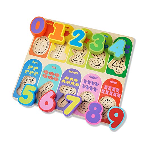 Book Cover Jamohom Kid Wooden Numbers Puzzle Board Preschool Intelligence Early Educational Math Toys for Toddlers 10 Pieces