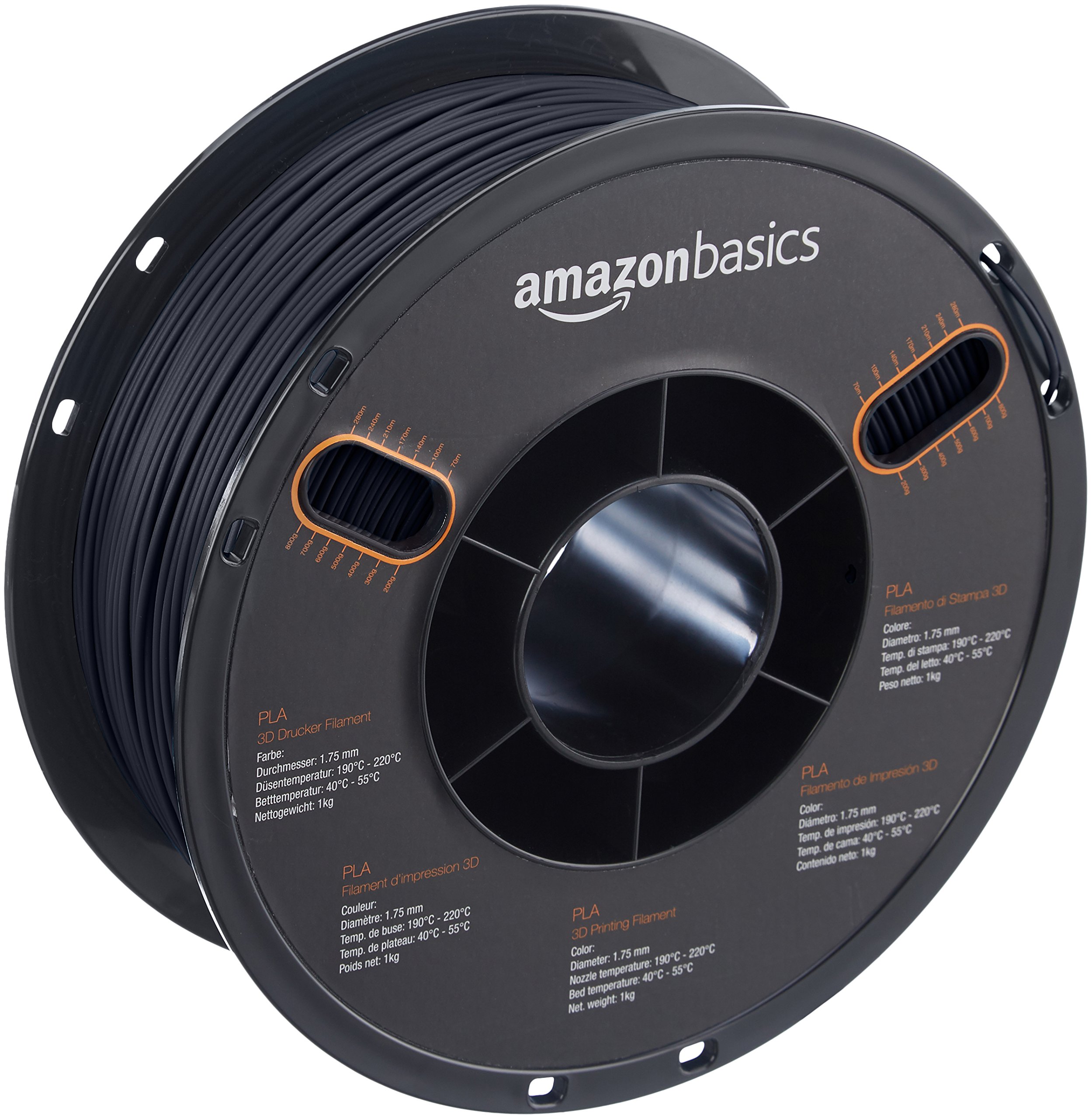 Amazon Basics PLA 3D Printer Filament, 1.75mm, Black, 1 kg Spool