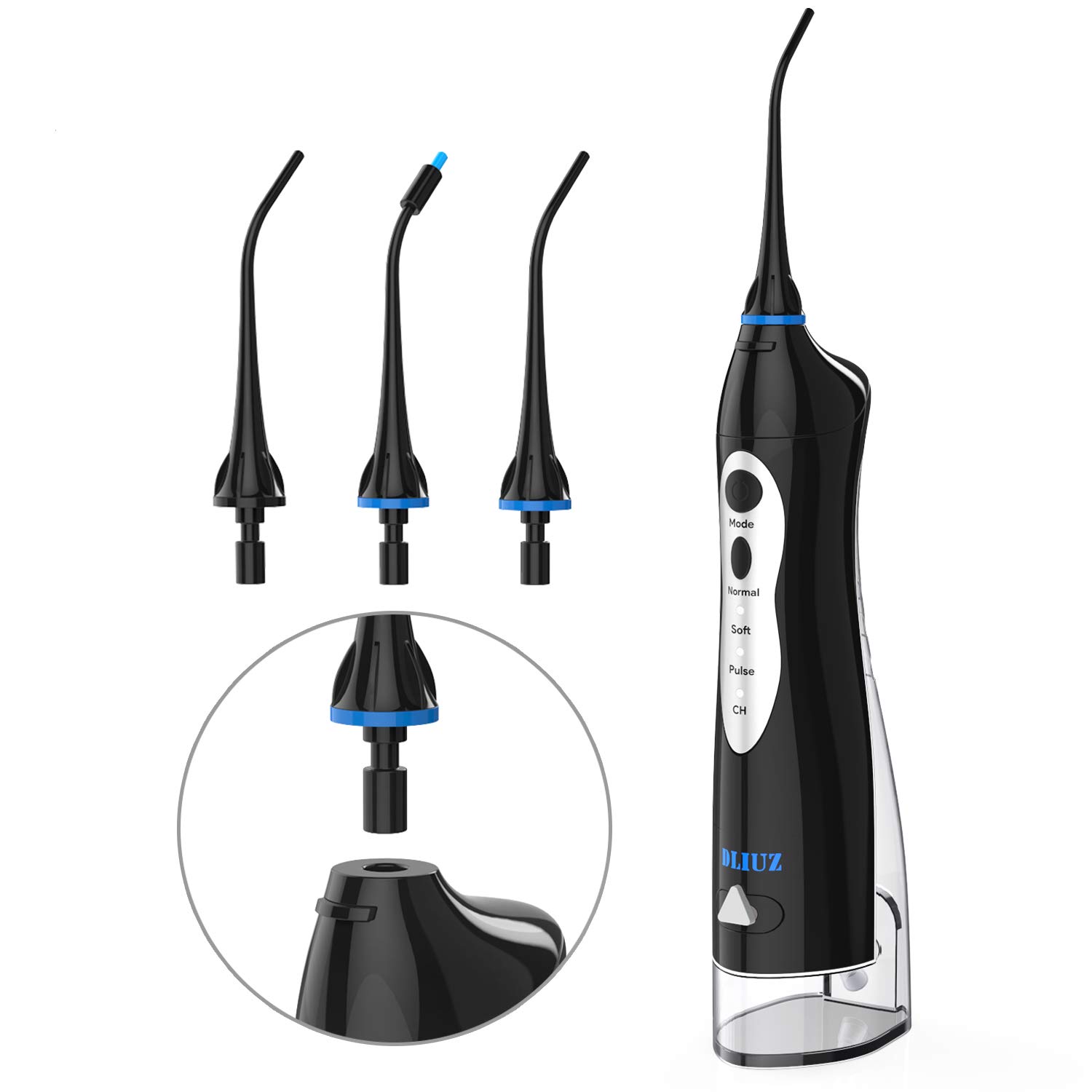 Book Cover DLIUZ 220ml Water Flosser Professional Cordless Dental Oral Irrigator - Portable and Rechargeable FL-V8 Waterproof 3 Modes Water Flossing with 3 Interchange Nozzles for Home and Travel (Black)