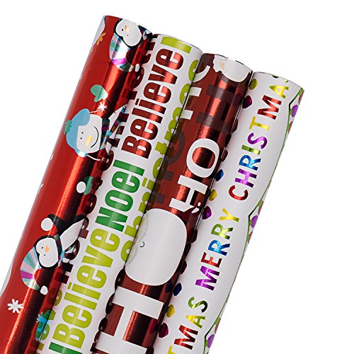 WRAPAHOLIC Christmas Gift Wrapping Paper Roll - 76 x 305 cm Each Roll - Foil Icons - HO HO HO, Santa, Merry Christmas, Snowman - Sold 4Pcs