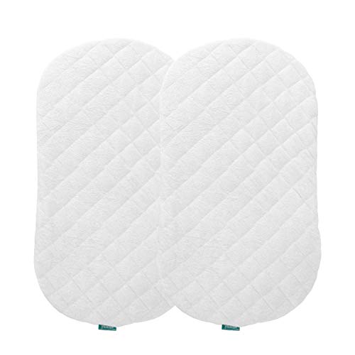 Bassinet Mattress Pad Coverï¼ˆImproved Styleï¼‰, Waterproof, Fit for Hourglass/Oval Bassinet Mattress, 2 Pack, Ultra Soft Bamboo Fleece Surface, Washer & Dryer, No Loosen and Pre-Shrinked