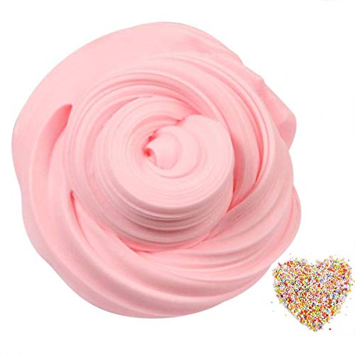 SLOUEASY- 7oz Crystal Pink Fluffy Slime with Foam Beads, Non-Sticky Jumbo Fluffy Floam Slime Stress Relief Toy Scented Sludge Butter Fun Toy for Kids and Adults Clay Molds Craft Supplies,Beading Sup