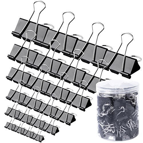 Book Cover 120 Pcs Binder Clips -  Paper Clamps Assorted 6 Sizes, Paper Binder Clips, Metal Fold Back Clips with Box for Office, School and Home Supplies, Black
