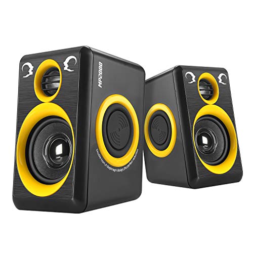 Subwoofer Computer Speakers, Reccazr MP2000 Stereo 2.0 Wired Multimedia Speakers, USB Powered 3.5mm Aux Small PC Laptop Speakers with 4 Bass Diaphragm, Yellow