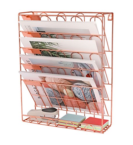 Superbpag Hanging File Organizer, 5 Tier Wall Mount Document Letter Tray File Organizer, Rose Gold