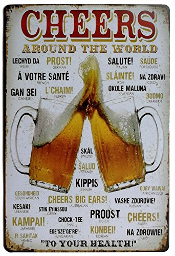 ERLOOD Cheers Around the World Drinking Distressed Retro Vintage Tin Sign 8 x 12
