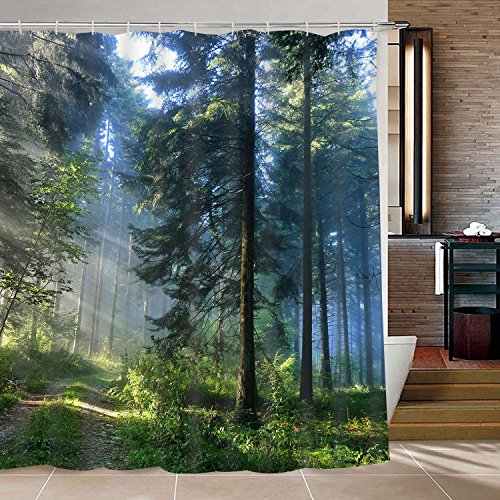 Likiyol Bathroom Shower Curtain Misty Forest Bathroom Curtain with 12 Hooks, Sunshine Trees Shower Curtains Durable Waterproof Fabric Bath Curtain