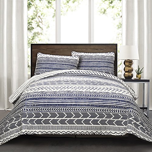 Book Cover Lush Decor Quilt Hygge Geo Pattern Striped 3 Piece Bedding Set, King, Navy & White