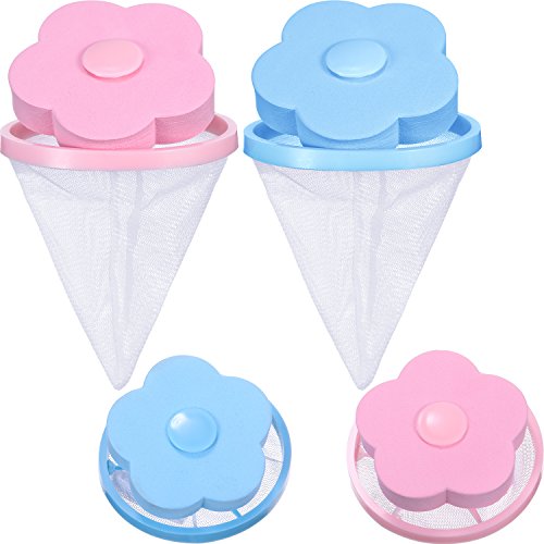 4 Pieces Lint Catcher for Washing Machine Lint Trap Floating Hair Fur Catcher Laundry Reusable Hair Filter Lint Mesh Bag (Blue, Pink)