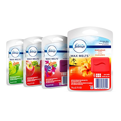 Book Cover Febreze Wax Melts Air Freshener Variety Pack, Fresh-Pressed Apple, Hawaiian Aloha, Moonlight Breeze and Gain Original Scents (4 packs, 6 count each)