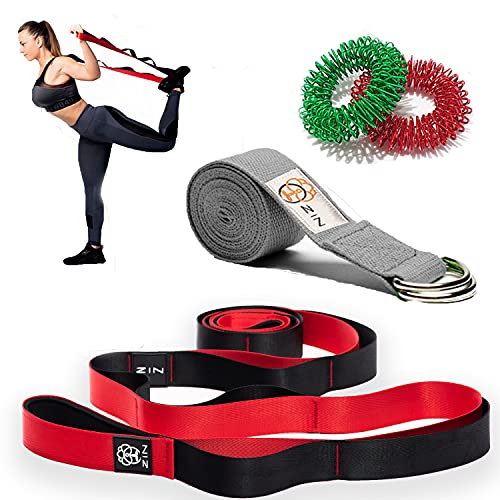 ZIN Stretch Strap for Hamstring with Loops.Hamstring Strech Strap for Exercise. Yoga Stretching Strap for Stretch. Set Yoga Ring Strap and Accupresure Massage Rings for Fingers Included