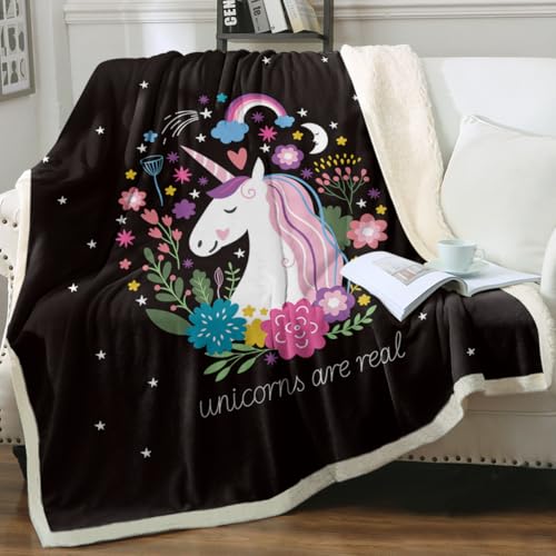 Sleepwish Unicorn Blanket Unicorn Throw Blankets for Girls Cute Unicorn Fleece Blanket for Women Unicorn Flower Fluffy Blanket Black Pink Sherpa Plush Blanket Throw for Kids Childrens Gifts (50"x60")