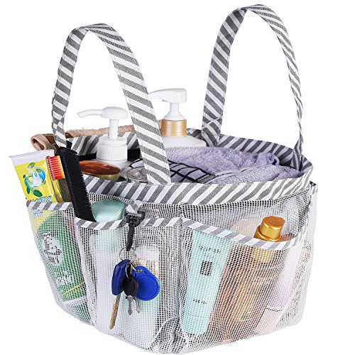 Haundry Mesh Shower Caddy Bag for College Dorm Room Essentials Portable Shower Caddy Tote with 8 Pockets for Beach, Swimming, Gym, Travel White