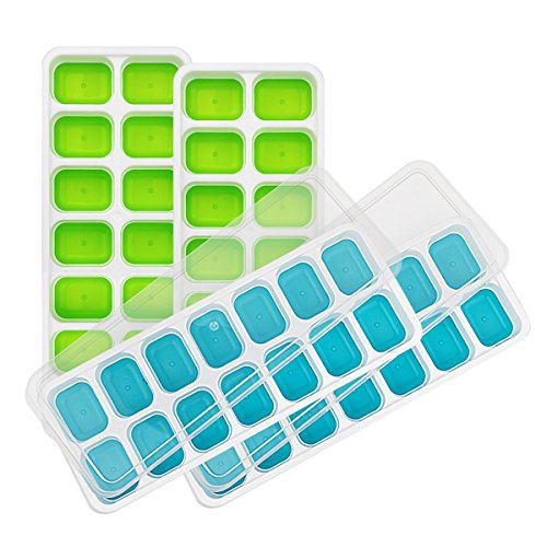 4 Packs Ice Cube Tray, cnokfan Food Grade Silicone Ice Cube Molds 14 Shaped Cubes with with Spill-Resistant Removable Lid Easy-Release Rubber Ice Molds, BPA Free