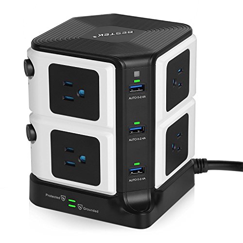 BESTEK Long Cord Power Strip Tower Surge Protector 1500 Joules 8 Outlets and 6 USB Ports Charging Station,12 Feet Extension Cord,ETL Listed