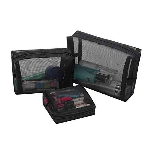 HOYOFO Mesh Makeup Bag 3 PCS Black Mesh Zipper Pouch Travel Cosmetic Organizer Case for Daily Toiletries Accessories Purse Bag, Black (S,M,L)