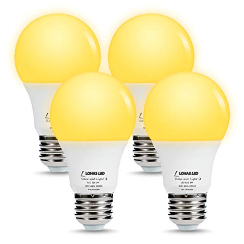 LOHAS Yellow Bug Light Bulbs, A19 LED Bulb Amber Night Lights 2000K, 60W Light Bulb Equivalent(9W), E26 Medium Base Porch Light 120V, Not Dimmable Lighting for Hallway Holiday Party(4 Pack)