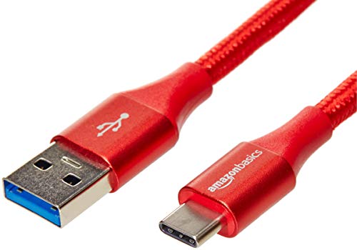 Amazon Basics Double Braided Nylon USB-C to USB-A 3.1 Gen 1 Charger Cable, 1 foot, Red