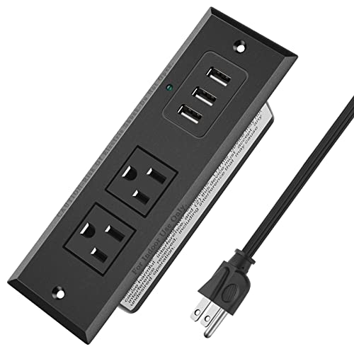Desktop Power Outlet Plug, Desk Recessed Power Strip with Max 2 Amp USB, Conference Table Power Outlet with 2 Plugs, 3 USB Ports, 6.5 ft Long Power Cord for Office, Kitchen, Hotel