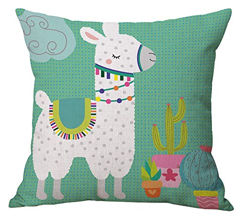 Geepro 18 inch Llama Cactus Decorative Throw Pillow Covers Linen Cotton Animal Print Cushion Cover (Teal)