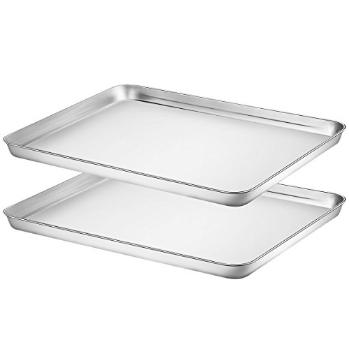 Baking Sheet Set of 2, HKJ Chef Stainless Steel Cookie Sheet Set 2 Pieces Toaster Oven Tray Pan Non Toxic,Healthy Easy Clean…