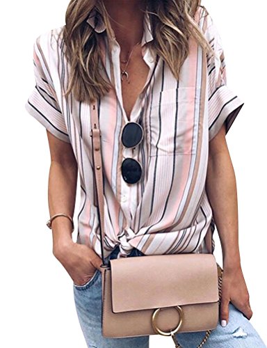 Ezcosplay Women Colorblock Stripe Short Sleeve Button Down Tops Blouses Shirt Tie Front Top Summer
