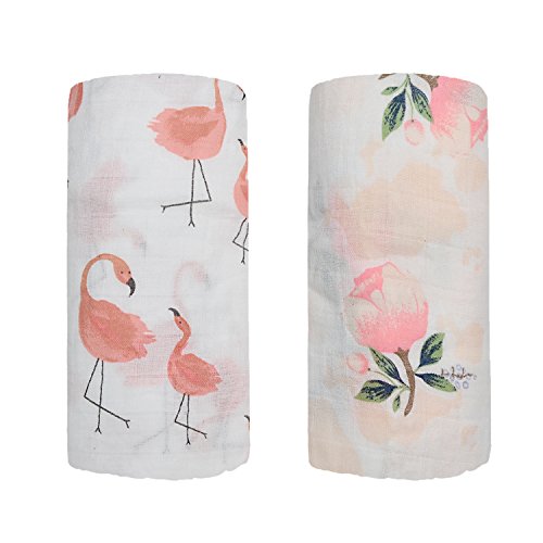 Qav Juh Bamboo Muslin Swaddle Square Blankets - 2 Pack 47'x47' Floral & Flamingo Print Baby Receiving Blanket Wrap for Girl Shower Gift (Flamingo & Floral)