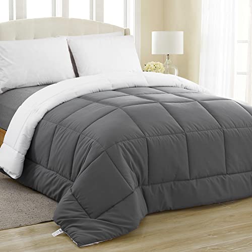 Book Cover Equinox All-Season Charcoal Grey/White Quilted Comforter - Goose Down Alternative - Reversible Duvet Insert Set - Machine Washable - Plush Microfiber Fill (350 GSM) (Queen 88 x 88 Inches)