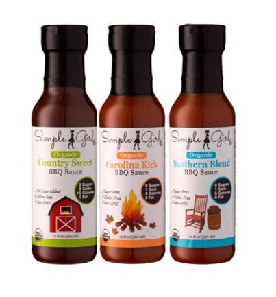 Simple Girl Organic BBQ sauces - 3 Variety Pack - 12oz each - Carolina Kick - Country Sweet - Southern Blend - Organic, Gluten Free, and Kosher (Carolina Kick and Southern Blend only) - Full of Flavor - Diet Friendly Barbecue Sauces