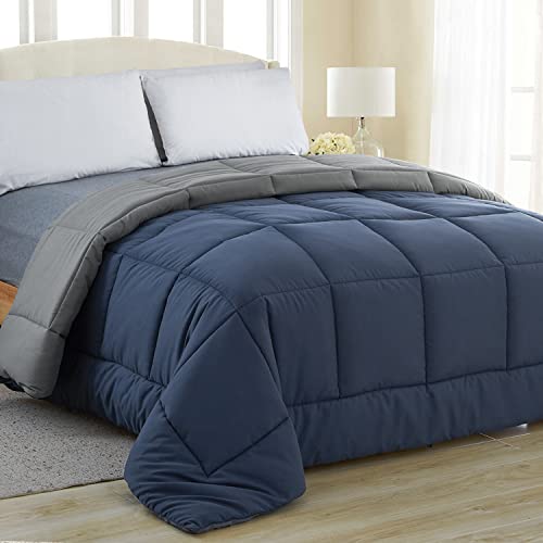 Book Cover Equinox All-Season Navy Blue/Charcoal Grey Quilted Comforter - Goose Down Alternative - Reversible Duvet Insert Set - Machine Washable - Plush Microfiber Fill (350 GSM) (Queen 88 x 88 Inches)