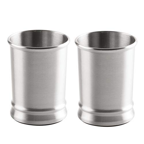 mDesign Modern Round Metal Tumbler Cup for Bathroom Vanity Countertops for Rinsing, Drinking, Storing Dental Accessories and Organizing Makeup Brushes, Eye Liners - 2 Pack - Brushed