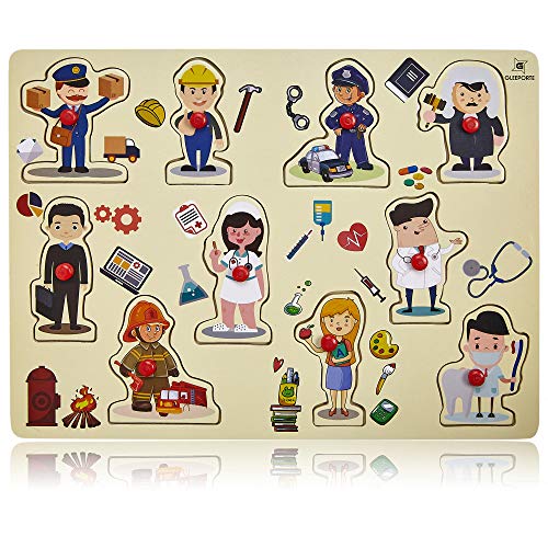 Wooden Peg Puzzle, Profession Theme - Learning Educational Pegged Puzzle for Toddler & Kids (10 pcs) Gleeporte