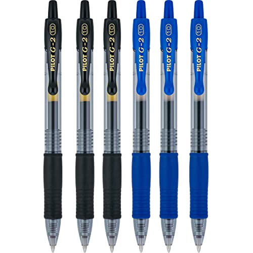 Pilot G2 pens retractable Gel Roller ballpoint Bold pt 1.0 Black & Blue Bundle, (6 COUNT)