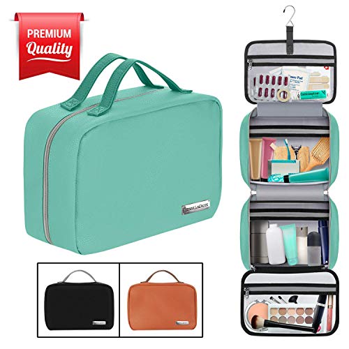 Book Cover Hanging Travel Toiletry Bag for Women and Men (100% Leak Proof & Doubles as a Cosmetic/Makeup Bag) | Large (34â€x11â€) | Clear Pockets | Detachable Compartment | Cruelty-Free Leather | (Tiffany Blue)