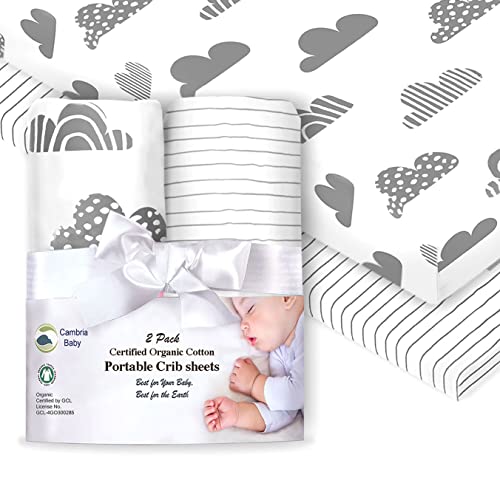 100% Organic Cotton Pack n Play Mini Crib Sheet 2 Pack, Grey and White in Modern Bold Designs. Unisex for Both Boys' and Girls Nursery (Clouds and Stripes)