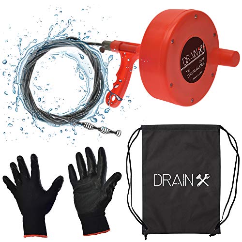 DrainX Plumbing Snake Drain Auger | 25-Ft Drain Cleaning Cable Plumbers Auger with Work Gloves and Storage Bag Included!