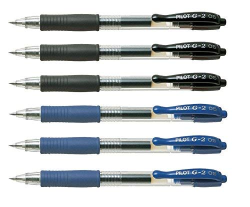 Pilot G2 pens retractable Gel Roller ballpoint Extra Fine 05 pt Black & Blue Bundle (6)