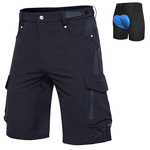 Ally Mens Mountain Bike Shorts Padded MTB Shorts Baggy Biker Cycling Bicycle Biking Shorts Loose-fit with 6 Pockets (Black, Large)
