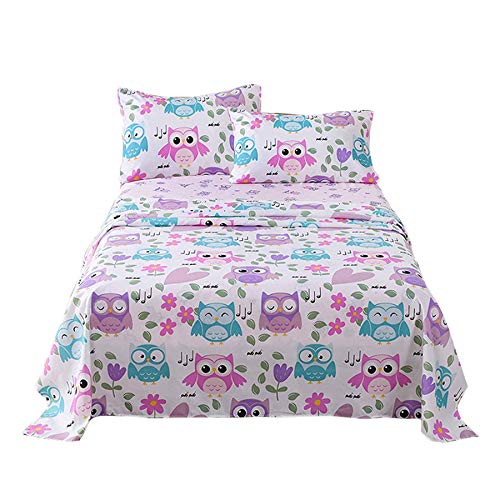 Book Cover MarCielo Bed Sheets for Kids Full Sheets for Kids Girls Boys Teens Children Sheets Soft Fitted Flat Printed Sheet Pillowcase Kids Bedding Bunk Beds Set Owl (Full)