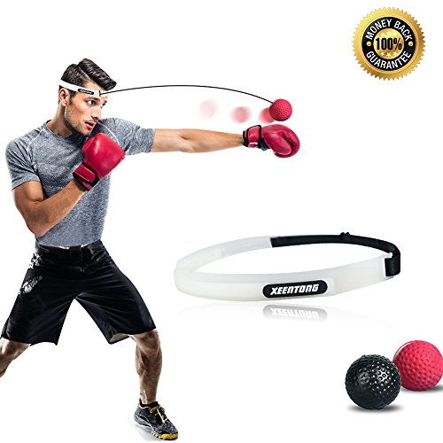 Xeentong Boxing Reflex Ball 2 Difficulty Level Black Red Training Speed Reaction Ball with Adjustable Row Sweat Headband Improvement Hand and Eye Speed (White)
