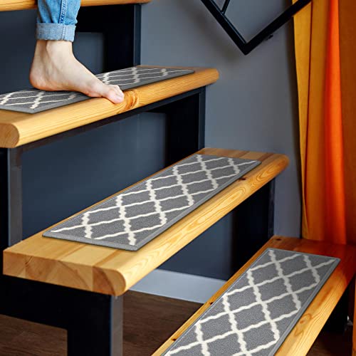 Machine Washable Moroccan Trellis Design Non-Slip Rubberback 8.5" x 26" Traditional Indoor Stair Treads for Wooden Stairs, 13 Pack, Gray