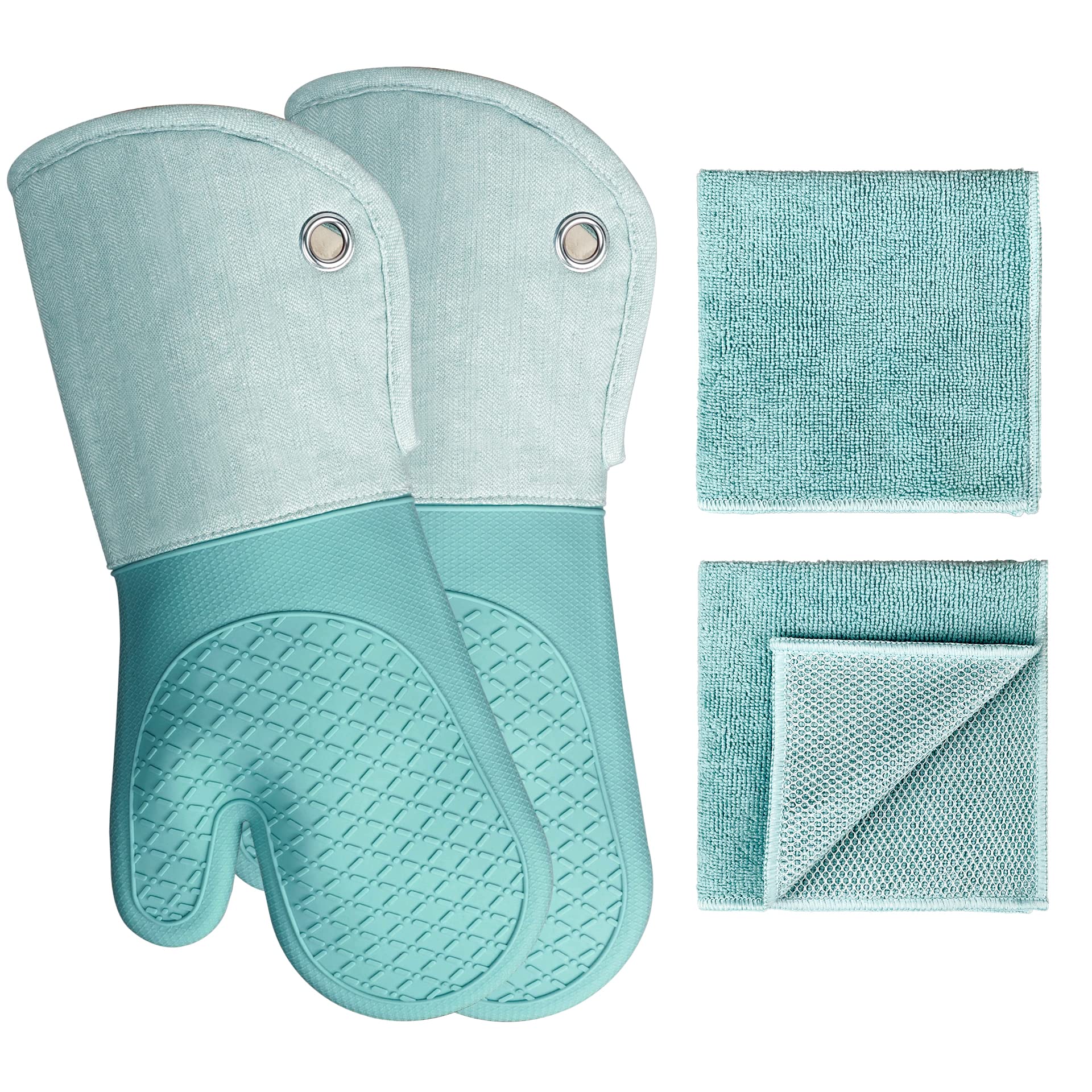 Book Cover Professional Microwave Silicone Oven Mitts Yarn-Dyed 1 Pair and Kitchen Towels 2 Pcs, Kitchen Lines Set for Heat Resistant with 500 Degrees, Kitchen Gloves Pot Holder for BBQ Cooking (Light Blue)