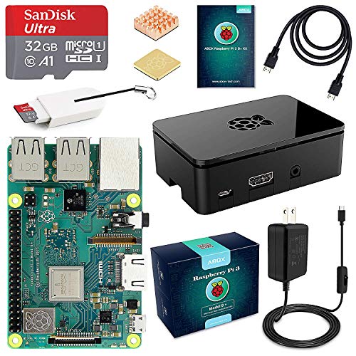 Book Cover ABOX Raspberry Pi 3 B+ Complete Starter Kit with Model B Plus Motherboard 32GB Micro SD Card NOOBS, 5V 3A On/Off Power Supply, Premium Black Case, HDMI Cable, SD Card Reader with USB A&USB C, Heatsink