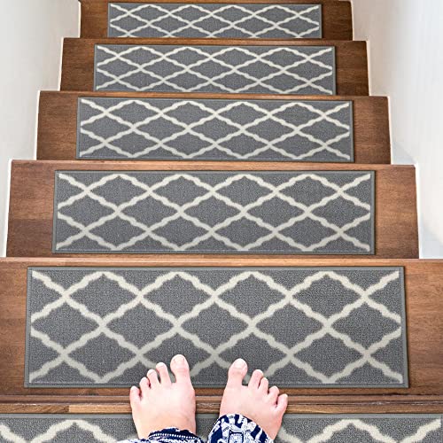 Machine Washable Moroccan Trellis Design Non-Slip Rubberback 8.5" x 26" Traditional Indoor Stair Treads for Wooden Stairs, 7 Pack, Gray