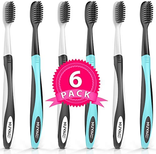 Book Cover Nuva Dent Ultra Soft Charcoal Toothbrush - Gentle, Slim Brush Head, Medium Tip - Clean Plaque, Whiten Teeth - Works Well w/Activated Charcoal Toothpaste or Teeth Whitening Products, 6 Pack