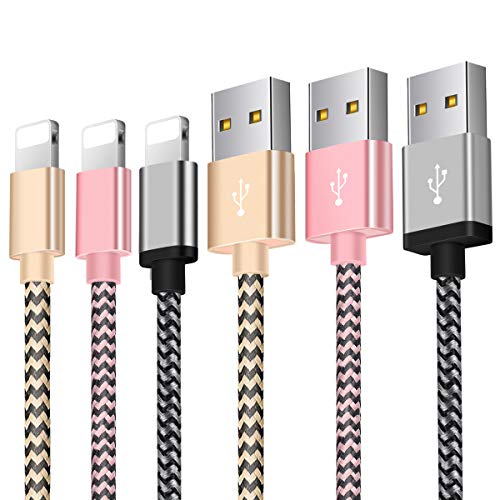 Charger Cable Compatible with Phone 3Pack [3FT 5FT 5FT] Charging Cord Nylon Braided Charger Cord Compatible with Phone X/8/8 Plus/7/7 Plus/6/6 Plus/Pad/Pod and More (Rose Gold Silver)