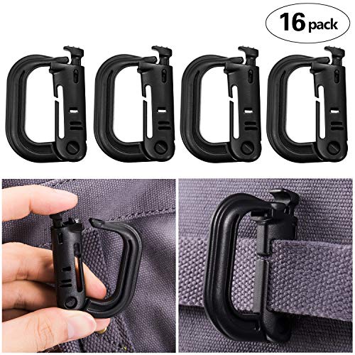 OMZER 16 Pack Multipurpose D-Ring Grimloc Locking Tactical Backpack Accessories for Molle Pouch Webbing, Black