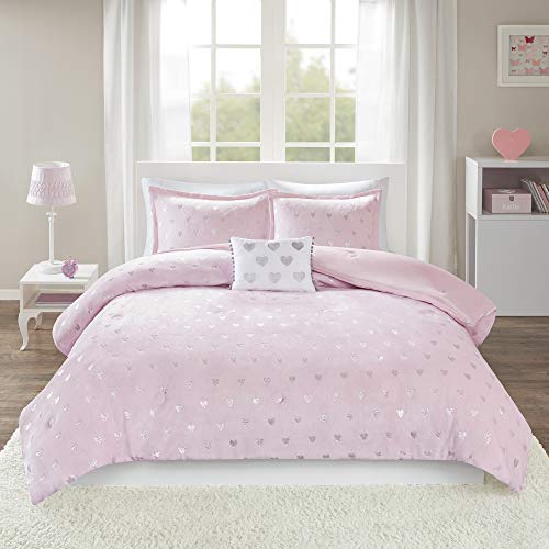 Book Cover MI ZONE Rosalie Comforter Ultra-Soft Microlight Plush Metallic Printed Hearts Brushed Reverse Overfilled Down Alternative Hypoallergenic All Season Bedding-Set, Twin/Twin XL, Pink/Silver