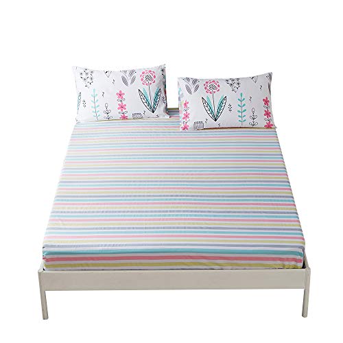 Book Cover BuLuTu Deep Pocket Fitted Sheet Twin Only 100 Percent Cotton,Colorful Pastel Stripes Print Kids Girls Fitted Bottom Sheet Twin Multi-colored,Breathable,Soft,Premium Single Bed Sheet(1 Piece)